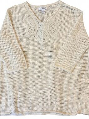 Light Cream V-Neck Knit Sweater with Crochet Detail